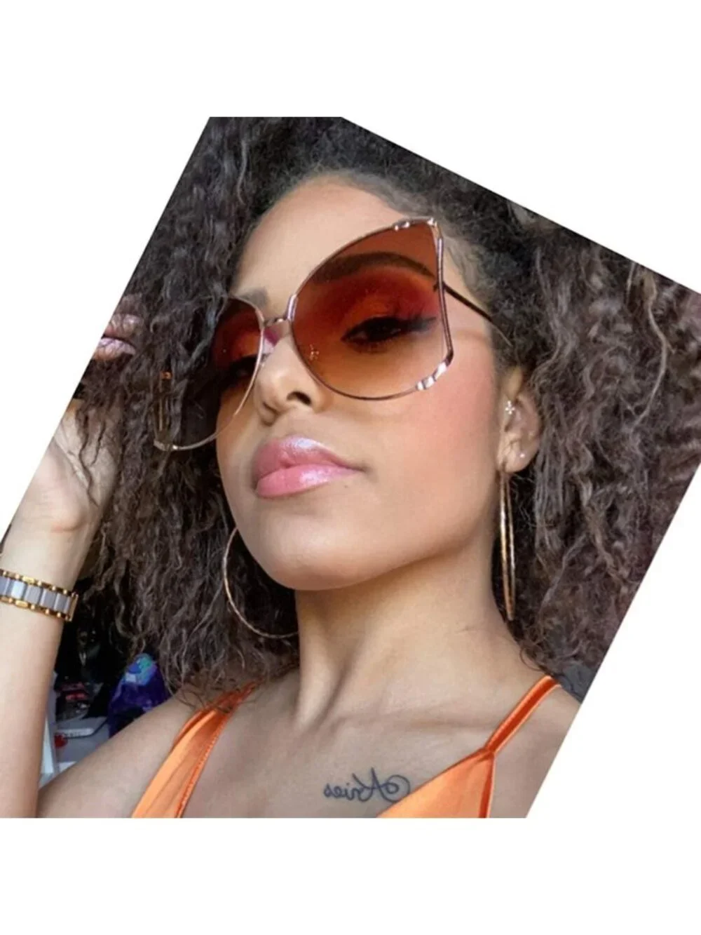 Women's Oversized Semi Rimless Sunglasses Retro Metal Frame Glasses Gold Brown